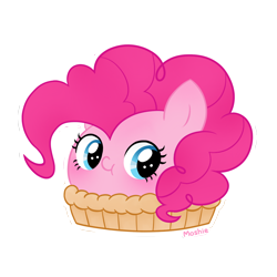 Size: 1352x1352 | Tagged: safe, artist:imoshie, pinkie pie, earth pony, pony, g4, cute, diapinkes, female, food, food transformation, literal, mare, pi day, pie, pinkie pie (form), pun, simple background, solo, transformation, transparent background, visual pun