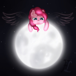 Size: 2248x2248 | Tagged: safe, artist:flufflelord, pinkie pie, g4, alone, crying, cute, female, full moon, high res, moon, pink floyd, sad, solo, song reference, space, tangible heavenly object, the dark side of the moon, wings