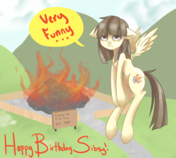 Size: 2471x2214 | Tagged: safe, artist:sorenbrian, wild fire, pegasus, pony, g4, dialogue, female, fire, floppy ears, flying, happy birthday, male, mare, parody, pun, sibsy, solo, the simpsons, visual pun, wild fire is not amused