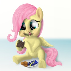 Size: 1000x1000 | Tagged: safe, artist:bluespaceling, fluttershy, pony, g4, candy, chocolate, cookie, eating, female, filly, food, messy eating, sitting, solo