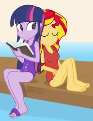 Size: 900x1170 | Tagged: safe, artist:dm29, sunset shimmer, twilight sparkle, equestria girls, g4, barefoot, book, clothes, cute, cutie mark swimsuit, duo, feet, julian yeo is trying to murder us, one-piece swimsuit, purple swimsuit, red swimsuit, sandals, shimmerbetes, swimsuit, twiabetes