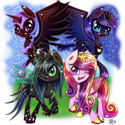 Size: 900x900 | Tagged: dead source, safe, artist:inky-pinkie, nightmare moon, princess cadance, princess luna, queen chrysalis, alicorn, changeling, changeling queen, nymph, pony, g4, cute, cutealis, cutedance, female, happy, heart, heart eyes, looking at you, lunabetes, moonabetes, one eye closed, open mouth, self ponidox, signature, simple background, smiling, smiling at you, transparent background, wingding eyes, wink
