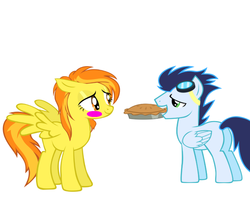 Size: 900x758 | Tagged: safe, artist:megamastermario2009, soarin', spitfire, pony, g4, 1000 years in photoshop, blush sticker, blushing, female, food, male, pie, ship:soarinfire, shipping, straight, wonderbolts