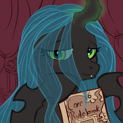 Size: 900x900 | Tagged: dead source, safe, artist:zoomboomerz, queen chrysalis, changeling, changeling queen, g4, bedroom eyes, blushing, book, cute, cutealis, dork, dorkalis, female, glowing horn, hoof hold, horn, hyperspace hyperwars, looking at you, magic, smiling, solo, tabletop game