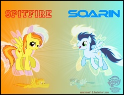 Size: 1017x786 | Tagged: safe, artist:everyman15, soarin', spitfire, pony, g4, flying, gazing, looking at you, wonderbolts