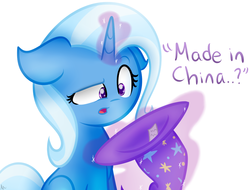 Size: 1025x778 | Tagged: safe, artist:vanillashineart, trixie, pony, unicorn, g4, female, funny, hat, made in china, magic, mare, o.o, raised eyebrow, solo, trixie's hat