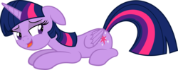 Size: 6000x2365 | Tagged: dead source, safe, artist:frikdikulous, artist:slb94, twilight sparkle, alicorn, pony, g4, bedroom eyes, female, folded wings, looking back, mare, open mouth, prone, she wants the d, simple background, solo, transparent background, twilight sparkle (alicorn), vector