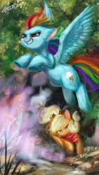 Size: 580x1031 | Tagged: artist needed, safe, applejack, rainbow dash, earth pony, pegasus, pony, g4, creek, epic, female, flying, lesbian, mare, running, ship:appledash, shipping, signature, tree