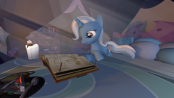 Size: 1920x1080 | Tagged: safe, artist:thesokol, trixie, pony, unicorn, g4, 3d, bed, book, candle, female, mare, pillow, reading, source filmmaker