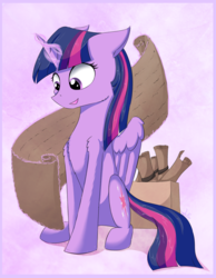 Size: 1371x1770 | Tagged: safe, artist:wolfypon, twilight sparkle, alicorn, pony, g4, box, chest fluff, female, magic, scroll, solo, twilight sparkle (alicorn)