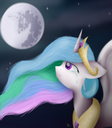 Size: 1024x1170 | Tagged: safe, artist:vanillashineart, princess celestia, g4, female, mare in the moon, moon, sad, solo