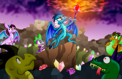 Size: 1024x663 | Tagged: safe, artist:aleximusprime, crackle, princess ember, prominence, spike, oc, dragon, g4, gauntlet of fire, bloodstone scepter, dragon lord ember, queen