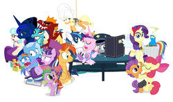 Size: 1100x647 | Tagged: safe, artist:dm29, apple bloom, applejack, boulder (g4), coco pommel, garble, maud pie, princess cadance, princess ember, princess flurry heart, princess luna, rainbow dash, rarity, shining armor, snowfall frost, spike, spirit of hearth's warming yet to come, starlight glimmer, sunburst, tender taps, trixie, dragon, pony, unicorn, a hearth's warming tail, applejack's "day" off, g4, gauntlet of fire, newbie dash, no second prances, on your marks, the crystalling, the gift of the maud pie, the saddle row review, angel rarity, backwards cutie mark, bathrobe, beach chair, bloodstone scepter, chair, clothes, cold, couch, cracked armor, crossing the memes, cutie mark, dancing, devil rarity, dragon lord spike, female, filly, garble's hugs, hat, hearth's warming, male, mare, meme, menu, now you're thinking with portals, portal, present, rainbow trash, safety goggles, ship:emble, shipping, straight, tenderbloom, the cmc's cutie marks, the meme continues, the story so far of season 6, this isn't even my final form, toolbelt, top hat, towel, trash can, wonderbolts uniform
