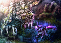 Size: 1500x1060 | Tagged: safe, artist:denparasaito, twilight sparkle, g4, armor, butt, fight, magic, monster, plot, swamp, water