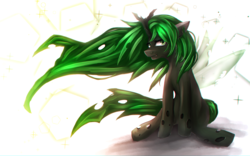 Size: 1920x1200 | Tagged: safe, artist:denparasaito, oc, oc only, oc:cocoon, changeling, green changeling, sitting, solo