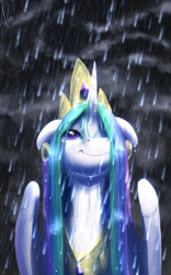 Size: 2000x3200 | Tagged: safe, alternate version, artist:valcron, princess celestia, alicorn, pony, g4, basking in the rain, cute, cutelestia, female, floppy ears, high res, mare, rain, smiling, solo, wet mane