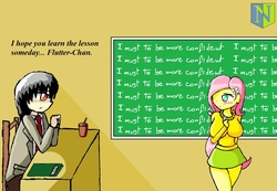 Size: 1300x900 | Tagged: safe, artist:neutralchilean, discord, fluttershy, equestria girls, g4, big breasts, blushing, breasts, busty fluttershy, chalkboard, clothes, detention, duo, engrish, equestria girls-ified, female, grammar error, sweater, sweatershy, tight clothing