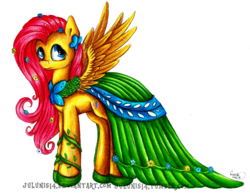Size: 1600x1242 | Tagged: safe, artist:julunis14, fluttershy, g4, clothes, dress, female, gala dress, simple background, solo, spread wings, traditional art, transparent background