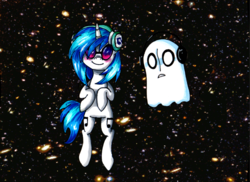 Size: 1024x744 | Tagged: safe, artist:namiflack, dj pon-3, vinyl scratch, pony, g4, blushing, both cutie marks, crossover, napstablook, the cosmos, undertale