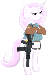 Size: 568x896 | Tagged: safe, artist:totallynotabronyfim, fleur-de-lis, pony, unicorn, g4, angry, bipedal, clothes, female, gun, jacket, rifle, simple background, solo, transparent background, vest, weapon