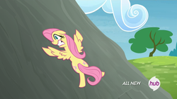 Size: 1280x720 | Tagged: safe, artist:randybutts, fluttershy, pegasus, pony, g4, rainbow falls, female, flattened, hub logo, scene interpretation, solo, tree