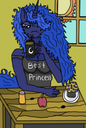 Size: 2273x3374 | Tagged: safe, artist:kitsune85, princess luna, anthro, g4, apple, coffee, female, food, high res, morning ponies, muffin, solo, sun