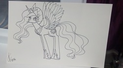 Size: 2592x1456 | Tagged: safe, artist:valcron, princess celestia, g4, female, frown, monochrome, solo, spread wings, tongue out, traditional art