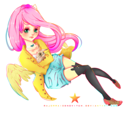 Size: 1024x937 | Tagged: safe, artist:majorraidenovitch, fluttershy, human, rabbit, g4, butt wings, clothes, female, humanized, shirt, shorts, socks, solo, sweater, sweatershy, thigh highs, winged humanization