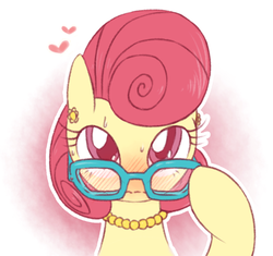 Size: 608x572 | Tagged: safe, artist:raridashdoodles, posey shy, pegasus, pony, flutter brutter, g4, blushing, cute, female, glasses, gradient background, heart, looking at you, lust, mare, meganekko, necklace, nervous, pearl necklace, posey shyabetes, shy, solo, sweat, that was fast, wavy mouth