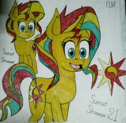 Size: 1201x1171 | Tagged: safe, artist:ponylockseedtum, sunset shimmer, oc, oc:sunset 21, oc:sunset shimmer 21, pony, unicorn, g4, alternate timeline, canon x oc, counterparts, cutie mark, shipping, traditional art, twilight's counterparts