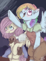 Size: 768x1024 | Tagged: safe, artist:jkittynomnom, fluttershy, rainbow dash, game:to the moon, g4, alternate hairstyle, clothes, dress, duo, looking up, night, plushie, pointing, ponified, sitting