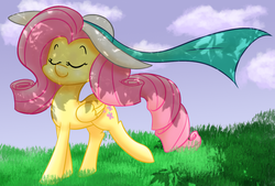 Size: 2099x1423 | Tagged: safe, artist:ikarooz, fluttershy, pegasus, pony, g4, alternate hairstyle, dappled sunlight, eyes closed, female, folded wings, grass, hat, mare, outdoors, raised leg, shade, sky, solo, sun hat, three quarter view, walking, wings