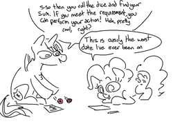 Size: 932x684 | Tagged: safe, artist:nobody, pinkie pie, shining armor, g4, date, dialogue, dungeons and dragons, female, male, monochrome, shiningpie, shipping, sketch, straight, tabletop game