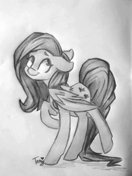 Size: 768x1024 | Tagged: safe, artist:tamyarts, fluttershy, g4, cute, female, grayscale, looking back, monochrome, pencil drawing, raised hoof, solo, spread wings, traditional art