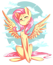 Size: 900x1095 | Tagged: safe, artist:glamist, fluttershy, blushing, chest fluff, cloud, cloudy, eyes closed, female, sitting, smiling, solo, spread wings, wings
