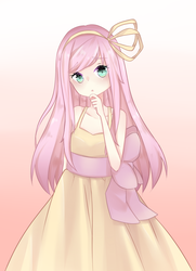 Size: 1109x1536 | Tagged: safe, artist:nezhiei, artist:nezhiel, fluttershy, human, g4, chin stroke, clothes, dress, female, humanized, solo