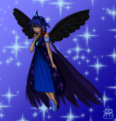 Size: 1084x1134 | Tagged: safe, artist:tears-of-xion, nightmare moon, human, g4, clothes, dress, elf ears, female, flower, gala dress, horn, horned humanization, humanized, rose, solo, winged humanization