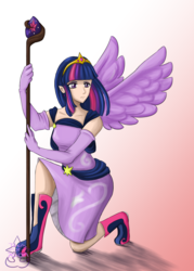 Size: 2405x3367 | Tagged: safe, artist:tears-of-xion, twilight sparkle, human, g4, clothes, dress, ear piercing, earring, elf ears, evening gloves, female, gala dress, gloves, gradient background, high res, humanized, jewelry, long gloves, piercing, solo, staff, twilight sparkle (alicorn), winged humanization