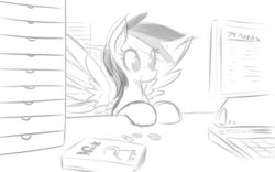 Size: 1301x812 | Tagged: source needed, safe, artist:reiduran, rainbow dash, g4, bits, cash register, computer, cute, female, food, monochrome, pizza, simple background, sketch, smiling, solo, spread wings, that pony sure does love pizza, vhs, white background