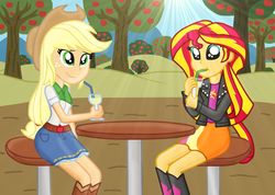 Size: 1325x943 | Tagged: safe, artist:majkashinoda626, applejack, sunset shimmer, equestria girls, g4, boots, cider, clothes, cowboy boots, cowboy hat, crepuscular rays, denim skirt, female, glass, hat, leather jacket, lesbian, ship:appleshimmer, shipping, shoes, sipping, sitting, skirt, stetson, stool, table