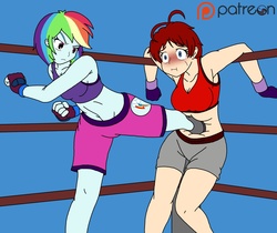 Size: 1280x1074 | Tagged: safe, artist:linedraweer, rainbow dash, oc, equestria girls, g4, armpits, boxing, boxing gloves, boxing ring, fight, kickboxing, kicking, pain