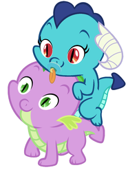 Size: 856x1148 | Tagged: safe, artist:millennial dan, artist:red4567, princess ember, spike, dragon, g4, baby dragon, baby spike, cute, dragons riding dragons, ember riding spike, emberbetes, female, male, pacifier, riding, ship:emberspike, shipping, simple background, smiling, spikabetes, straight, white background