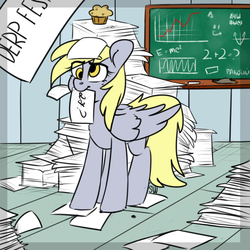 Size: 3000x3000 | Tagged: safe, artist:sugarstar, derpy hooves, pegasus, pony, g4, chalkboard, female, food, high res, mare, mouth hold, muffin, paper, russian, solo