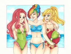 Size: 1024x788 | Tagged: safe, artist:chelleface90, applejack, fluttershy, rainbow dash, human, g4, armpits, beach, beach ball, belly button, bikini, blue swimsuit, clothes, cutie mark swimsuit, frilled swimsuit, green swimsuit, humanized, legs together, one-piece swimsuit, orange swimsuit, rainbow dash always dresses in style, side-tie bikini, swimsuit, watermark