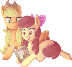 Size: 900x846 | Tagged: safe, artist:crponies, a.k. yearling, apple bloom, applejack, daring do, g4, book, cutie mark, open mouth, reading, simple background, sisters, the cmc's cutie marks, transparent background