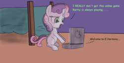 Size: 1600x817 | Tagged: safe, artist:echo-saan, sweetie belle, pony, unicorn, g4, childhood innocence, computer, dating site, dialogue, female, filly, implied rarity, innocent, laptop computer, naive, naive sweetie belle, naivete of youth, open mouth, solo, sweetie fail