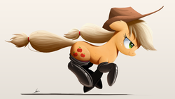 Size: 1920x1080 | Tagged: safe, artist:ncmares, applejack, earth pony, pony, g4, somepony to watch over me, clothes, cowboy hat, female, fireproof boots, freckles, hat, mare, running, signature, simple background, solo, stetson
