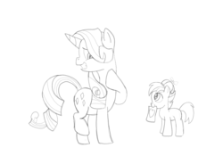 Size: 1234x817 | Tagged: safe, artist:echo-saan, button mash, rarity, g4, colt, duo, female, foal, male, mare, monochrome, mouth hold, rarimash, shipping, straight, uncomfortable