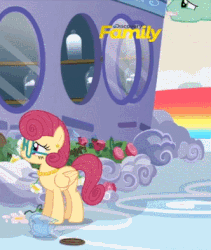 Size: 301x357 | Tagged: safe, screencap, gentle breeze, posey shy, pegasus, pony, flutter brutter, g4, animated, discovery family logo, female, flying, male, mare, raised hoof, ship:shys, smiling, spread wings, stallion