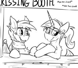 Size: 3100x2693 | Tagged: safe, artist:ralek, derpibooru exclusive, oc, oc only, oc:anna umbra, oc:swift note, bat pony, pony, unicorn, clothes, duo, fangs, freckles, high res, kissing booth, monochrome, nails, open mouth, scarf, talking, text
